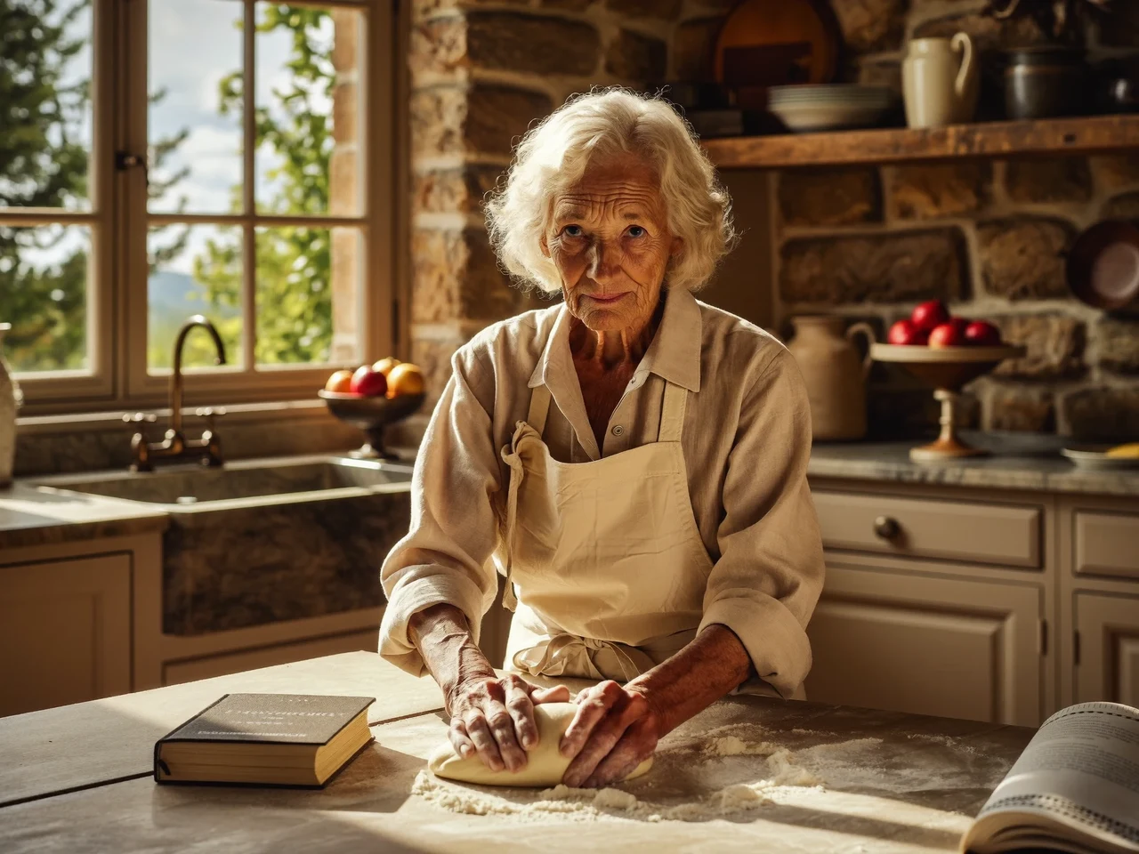 Una signora dai capelli argentei impasta con calma nella cucina soleggiata di casa