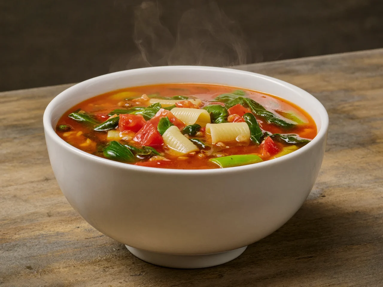 Minestrone morbido con pastina e verdure tenere, fumante su un tavolo di legno