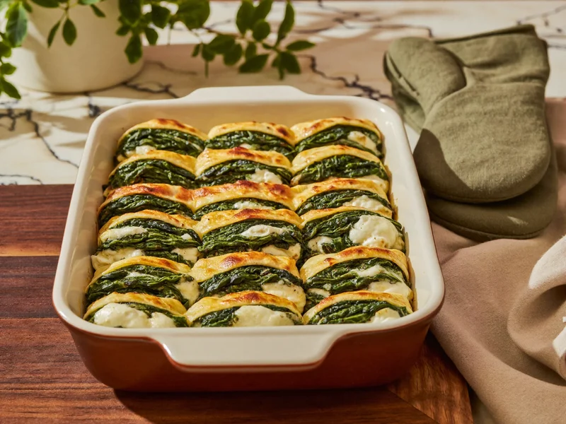 Cannelloni di ricotta e spinaci dorati, appena sfornati in una teglia di terracotta