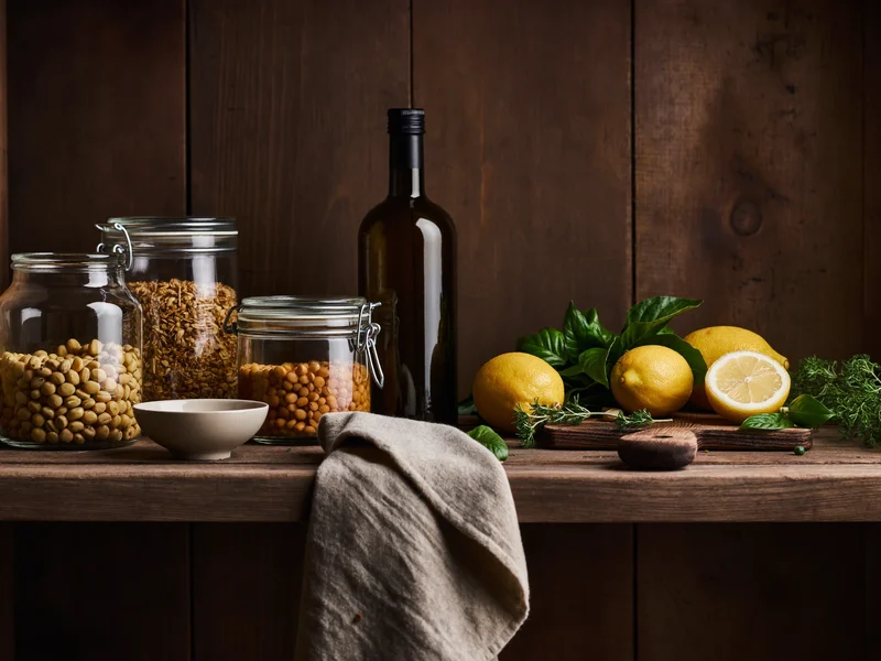 Dispensa rustica con barattoli di legumi secchi, olio, erbe fresche e limoni