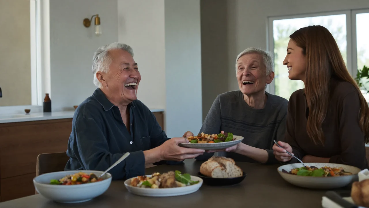 Una coppia e un nipote condividono un pranzo casalingo al tavolo della cucina