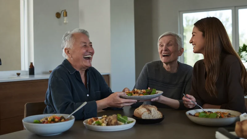 Una coppia e un nipote condividono un pranzo casalingo al tavolo della cucina